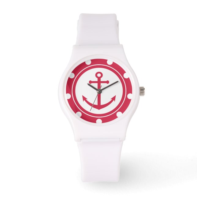 Red and White Anchor Nautical Armbandsur (Framsida)