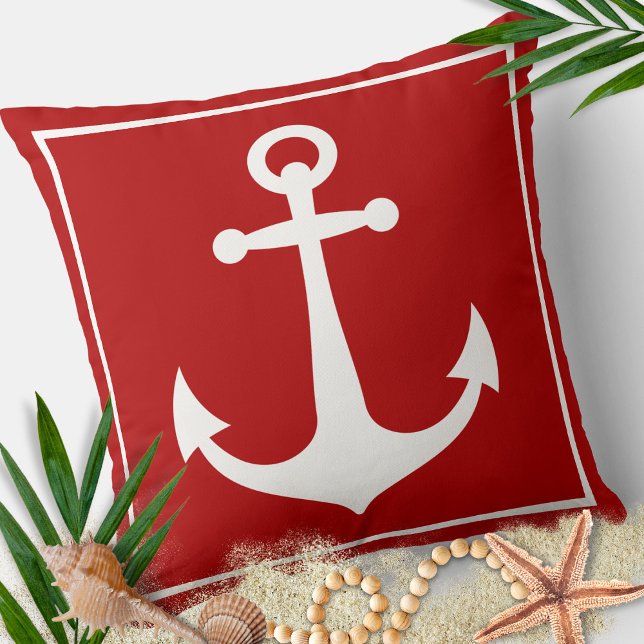 Red and White Anchor Nautical Boat Beach Kudde (Red and White Anchor Nautical Pillow)