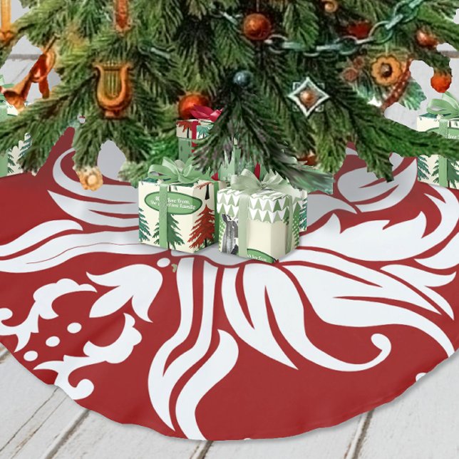 Red and White Blommigt Damask God jul Julgransmatta Borstad Polyester (Skapare uppladdad)