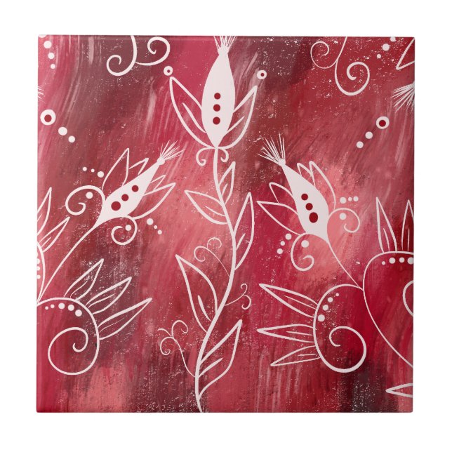 Red and White Blommönster Trivet Kakelplatta (Framsidan)