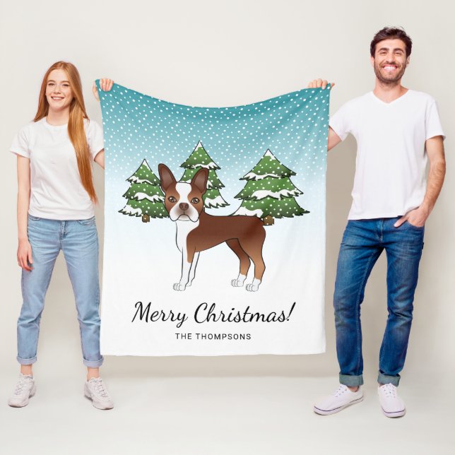 Red and White Boston Terrier i en vinterskog Fleecefilt (På plats)