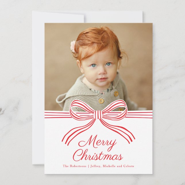 Red and White Bow Flat Christmas Photo Card Julkort (Framsida)