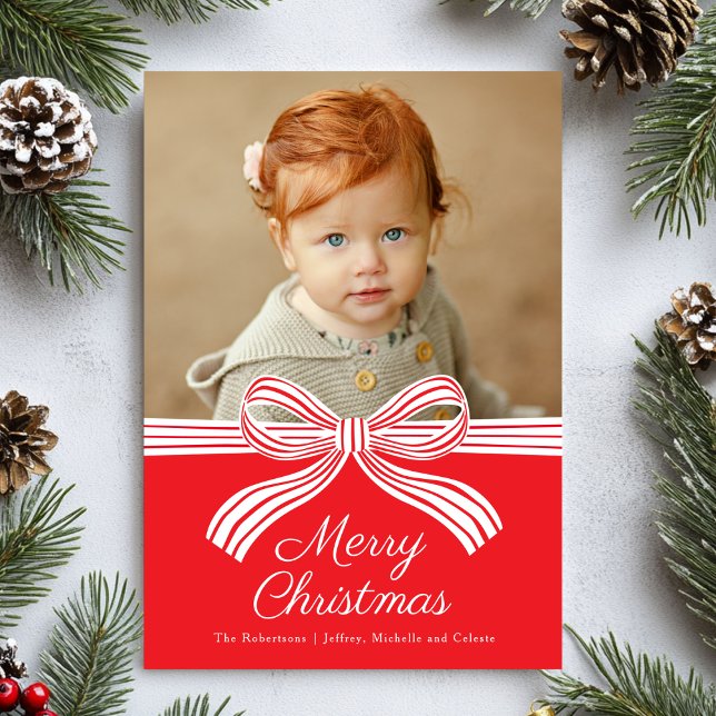 Red and White Bow Flat Christmas Photo Card Julkort (Skapare uppladdad)