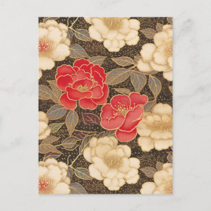Red and White Camellias Chiyogami Vykort