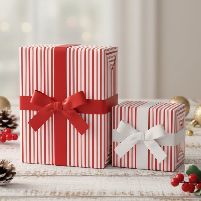 Red and White Candy Cane Pinstripe Pattern Presentpapper (Cute Red and White Candy Cane Pinstripe Pattern for Christmas. Modern Thin Red Stripes for Chic Xmas)
