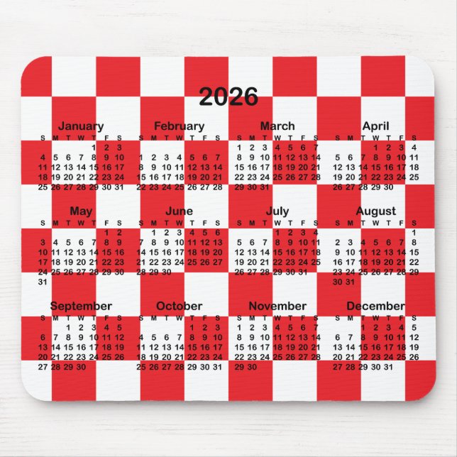 Red and White Checkerboard 2026 Calendar Musmatta (Framsidan)