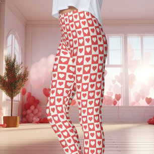 Red and White Checkerboard Heart Valentine Day Leggings