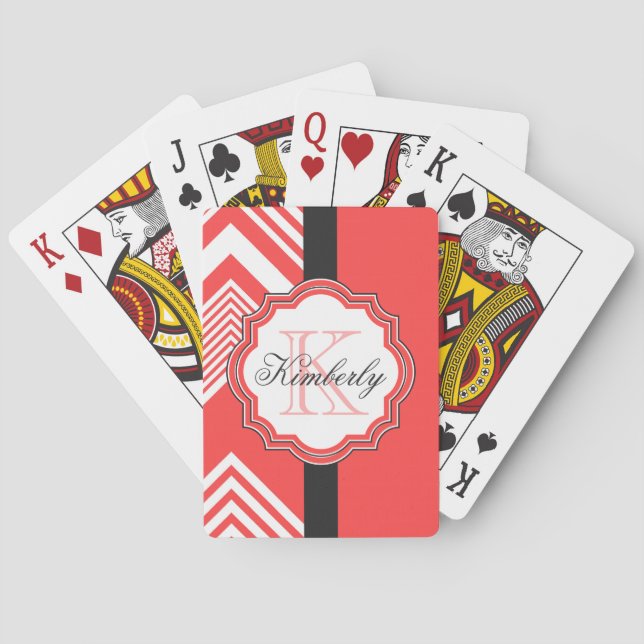 Red and White Chevron Monogram Casinokort (Baksidan)