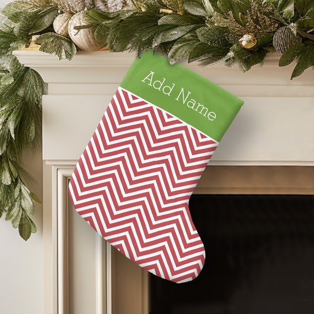 Red and White Chevrons Personlig Namn Stor Julstrumpa (Personalized Christmas Stocking)