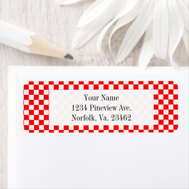 Red and White Classic Checkerboard av STaylor Returadress Etikett (Insitu)
