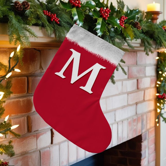 Red and White Classic Monogram-julklapp Liten Julstrumpa (Would look lovely hanging on your festive fireplace full of christmas gifts! Just add your initial)