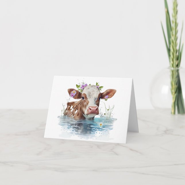 Red and White Cow with Pond and Flowers BLANK Kort (Framsida)