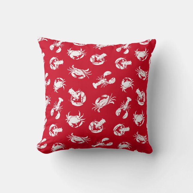 Red and White Crab and Lobster Print Kudde (Framsida)