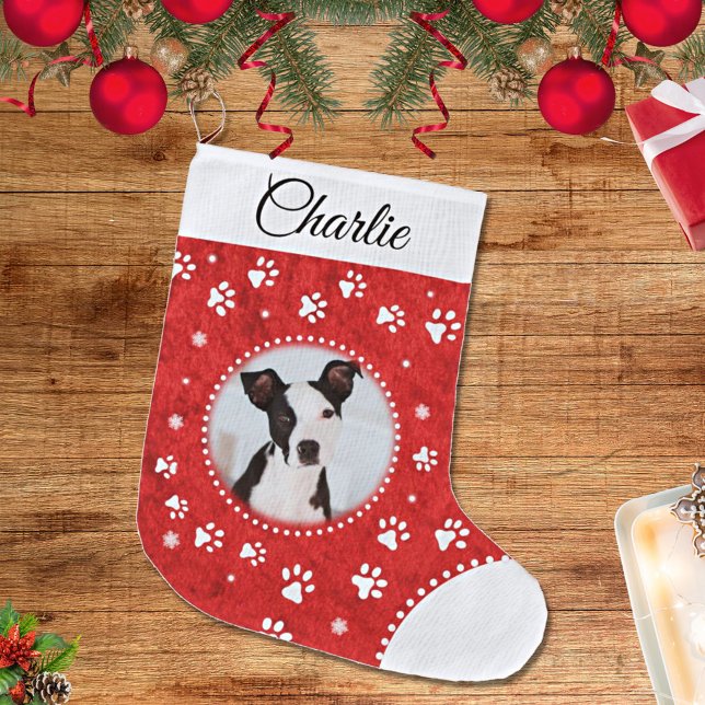 Red and White Cute Pet Photo Stocking Stor Julstrumpa (Skapare uppladdad)