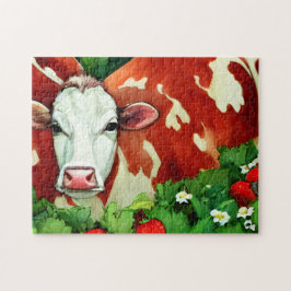 Red and White Dairy Cow in a Strawberry Patch Pussel