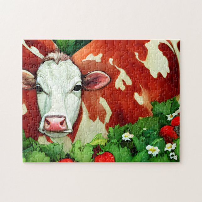 Red and White Dairy Cow in a Strawberry Patch Pussel (Horisontell)