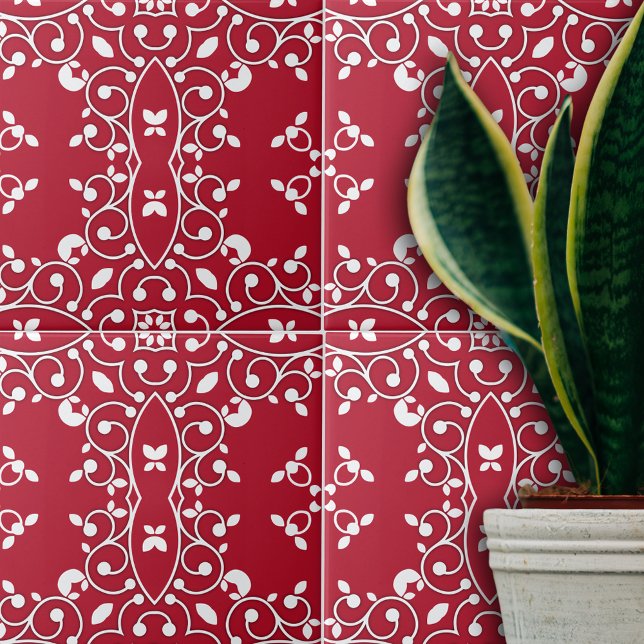 Red and White Elegant Classic Baroque Mönster Kakelplatta (Skapare uppladdad)