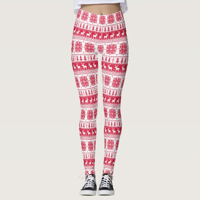 Red and White Fair Isle-jul Leggings (Framsida)