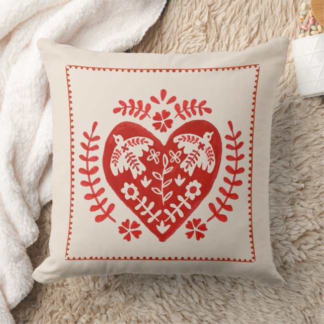 Red and White Folk Art Heart Kudde (Filt)