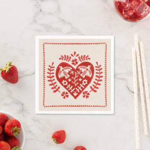 Red and White Folk Art Heart Pappersservett