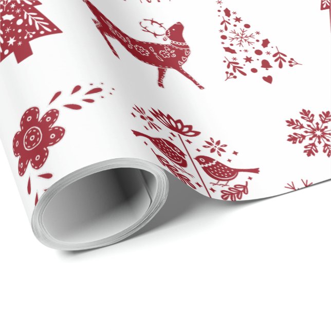 Red and White Folk Wrapping Paper Presentpapper (Rullad Hörn)