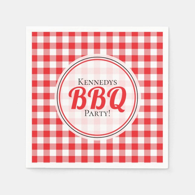 Red and White Gingham Check Family BBQ Pappersservett (Framsidan)