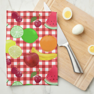 Red and White Gingham Check Fruits Mönster Kökshandduk