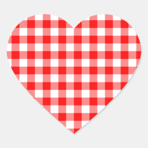 Red and White Gingham Checks Hjärtformat Klistermärke