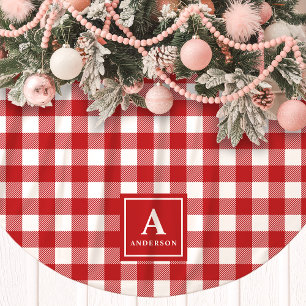 Red and White Gingham Play Monogram Julgransmatta Borstad Polyester