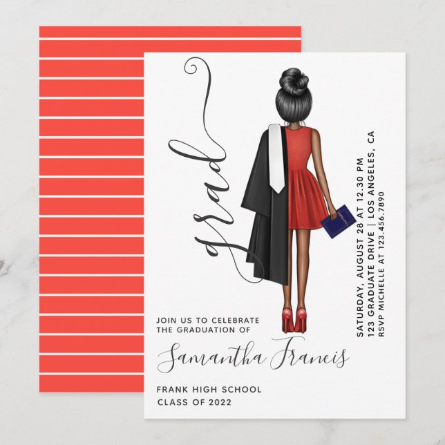 Red and White Girl Studentfest Inbjudningar (Fram/baksida)