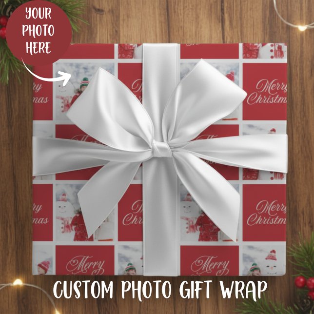 Red and White God jul Anpassningsbar Photo Helgdag Presentpapper (Red And White Merry Christmas Custom Photo Holiday Wrapping Paper)