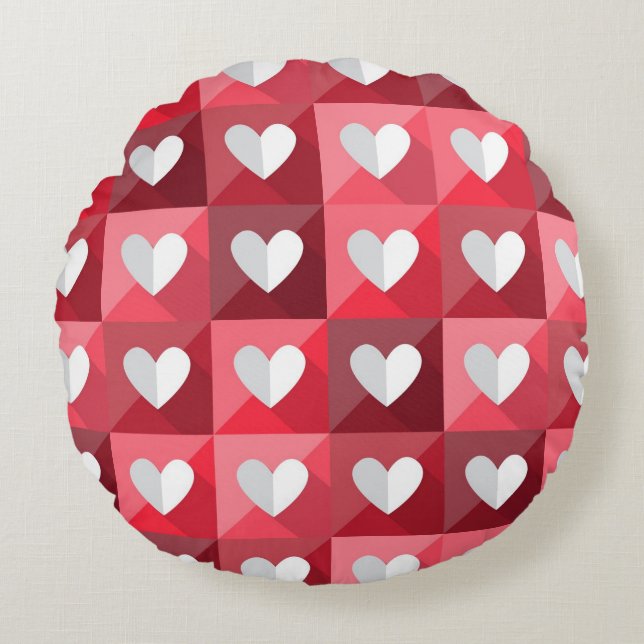 Red and White Hearts Mönster Rund Kudde (Framsidan)