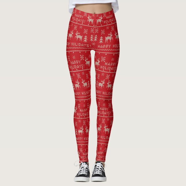 Red and White Helgdag Ugly Sweater Leggings (Framsida)
