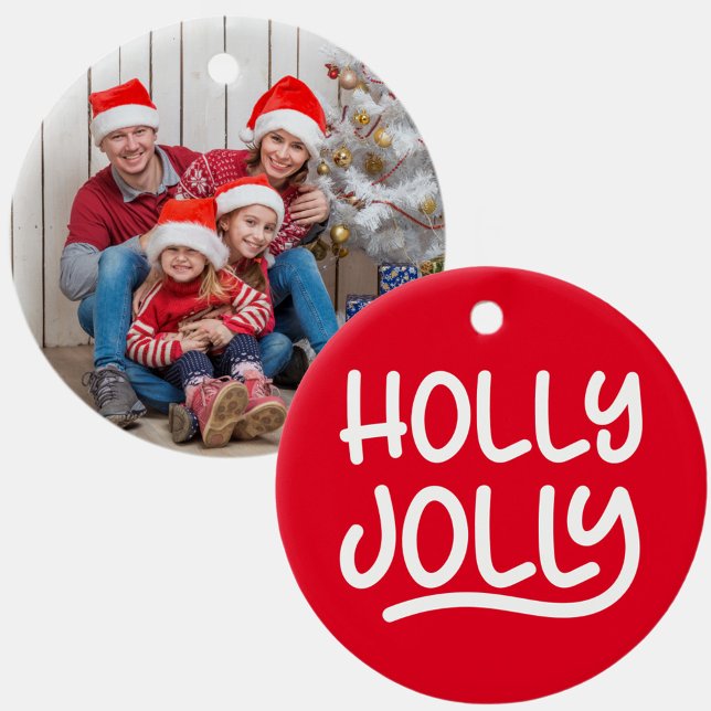 Red and White Holly Jolly Typography Photo Julgransprydnad Keramik (Photo Christmas Ornament)
