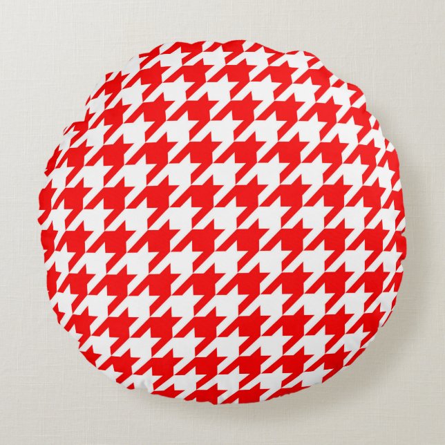 Red and White Houndstooth Check Rund Kudde (Framsidan)