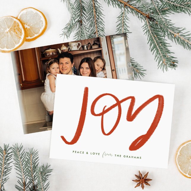 Red and White Joy Photo Flat Helgdag Card Julkort (Hand-Lettered Joy watercolored in red on a chic white holiday card with your photo on the back.)