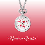 Red and white Kärlek Necklace Watch Armbandsur<br><div class="desc">Necklace Watch-gåva. Med ord "kärlek" och en hjärtform som ersätter brev O. Röd och vit</div>
