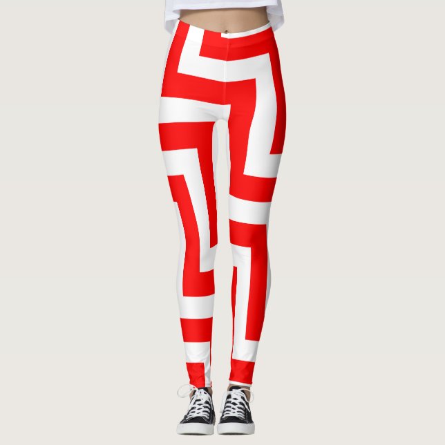Red and White Large Storlek Diagonal Chevron Leggings (Framsida)