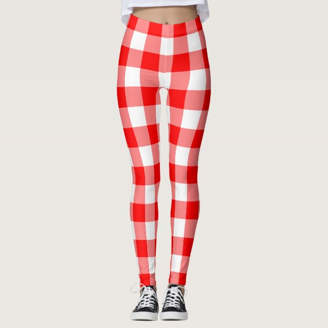 Red and White Large Storlek Gingham Checks Leggings (Framsida)