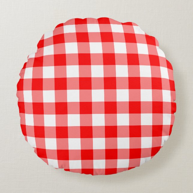 Red and White Large Storlek Gingham Checks Rund Kudde (Framsidan)