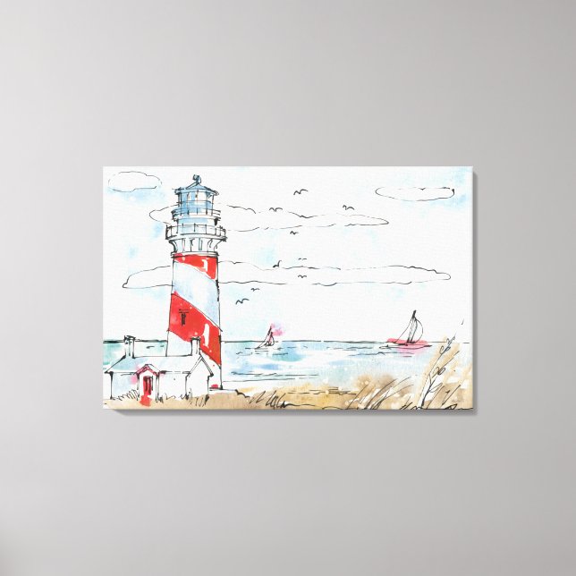 Red and White Lighthouse Scene Canvastryck (Framsida)