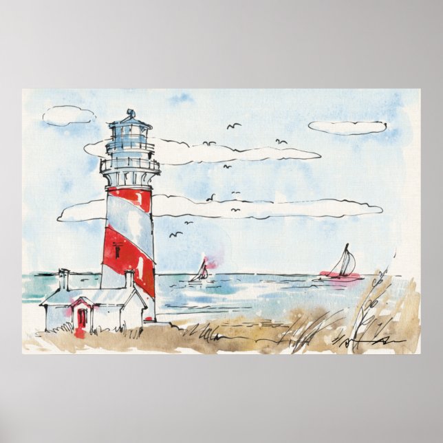 Red and White Lighthouse Scene Poster (Framsidan)