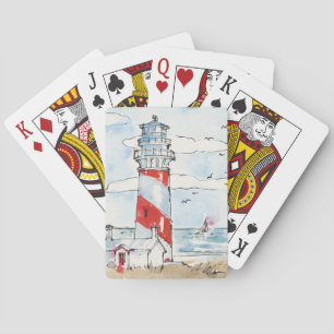 Red and White Lighthouse Scene Spel Kort
