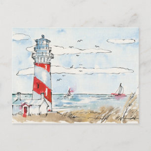 Red and White Lighthouse Scene Vykort