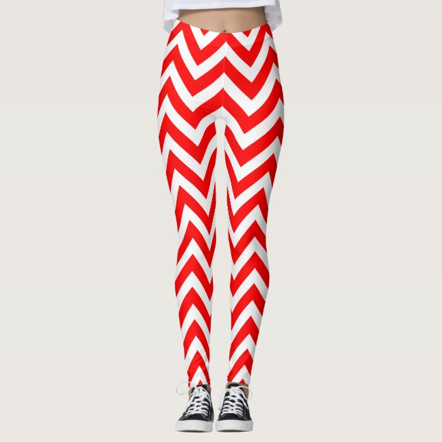 Red and White Medium Storlek Chevron Leggings (Framsida)