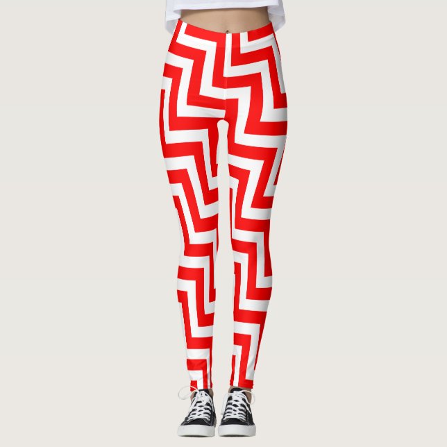 Red and White Medium Storlek Diagonal Chevron Leggings (Framsida)