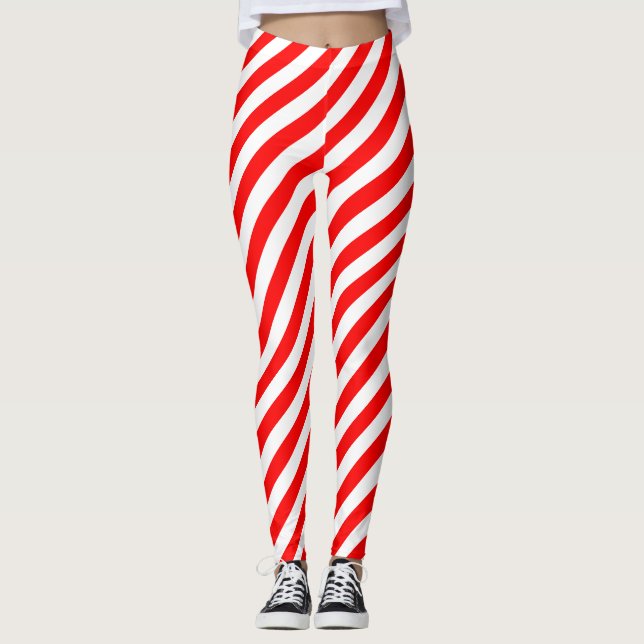 Red and White Medium Storlek Diagonal Rand Leggings (Framsida)