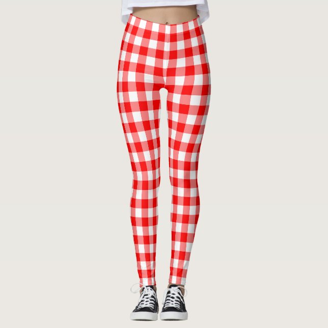 Red and White Medium Storlek Gingham Checks Leggings (Framsida)