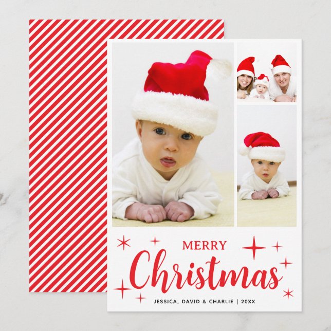 Red and White Merry Christmas Family Photo Collage Julkort (Fram/baksida)