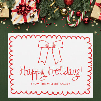 Red and White Minimalist Happy Holidays Bow Vykort